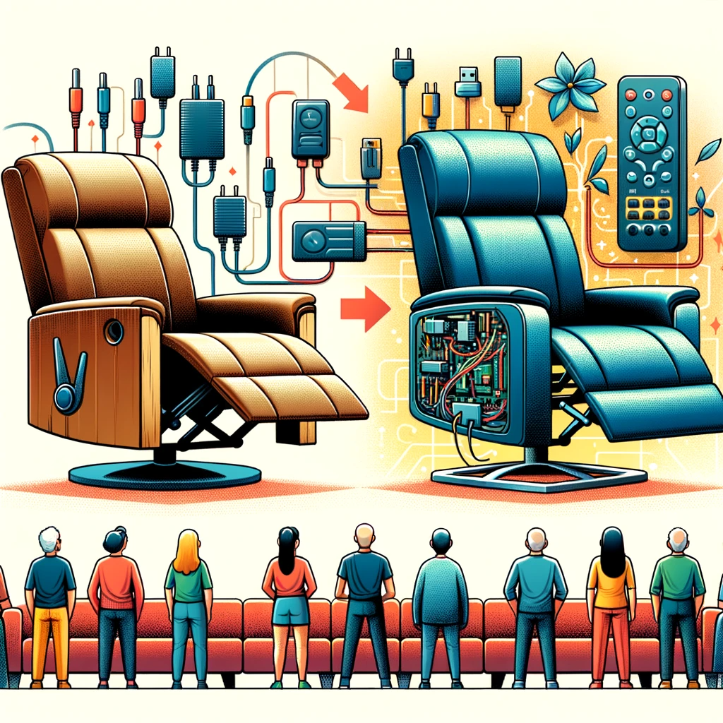 Illustration showing the transition from a manual recliner to a power recliner. The left half of the image displays a manual recliner with a distinct lever mechanism. The right half showcases a modern power recliner with electronic components, wires, and a remote control.