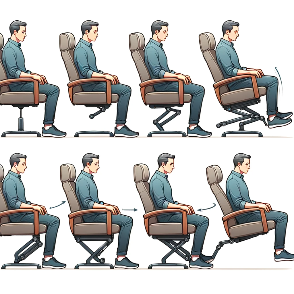  Illustration sequence of a man of diverse descent transitioning from a sitting position in a power lift recliner to a lifted position. Frame 1: The man is seated comfortably. Frame 2: The chair begins to tilt forward slightly. Frame 3: The chair lifts further, aiding the man in moving to an almost standing position. Frame 4: The man is in a fully lifted position, ready to stand up. The design of the chair and its mechanisms are highlighted in each frame to enhance understanding.