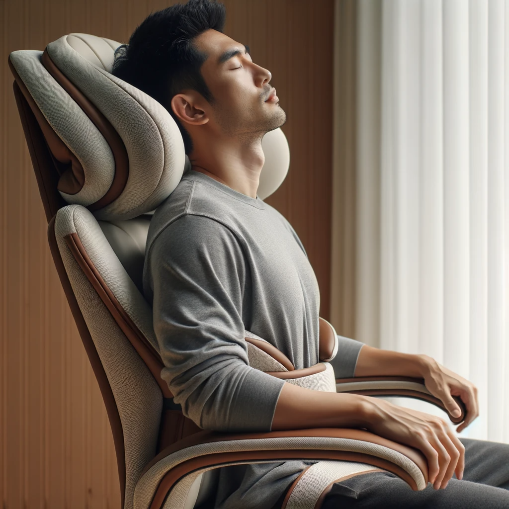 Photo of a man sitting comfortably in a plush chair designed for optimal support. The chair cradles his back and neck, highlighting its ergonomic design. Soft cushions are evident, and the chair's armrests are positioned to support his arms perfectly.