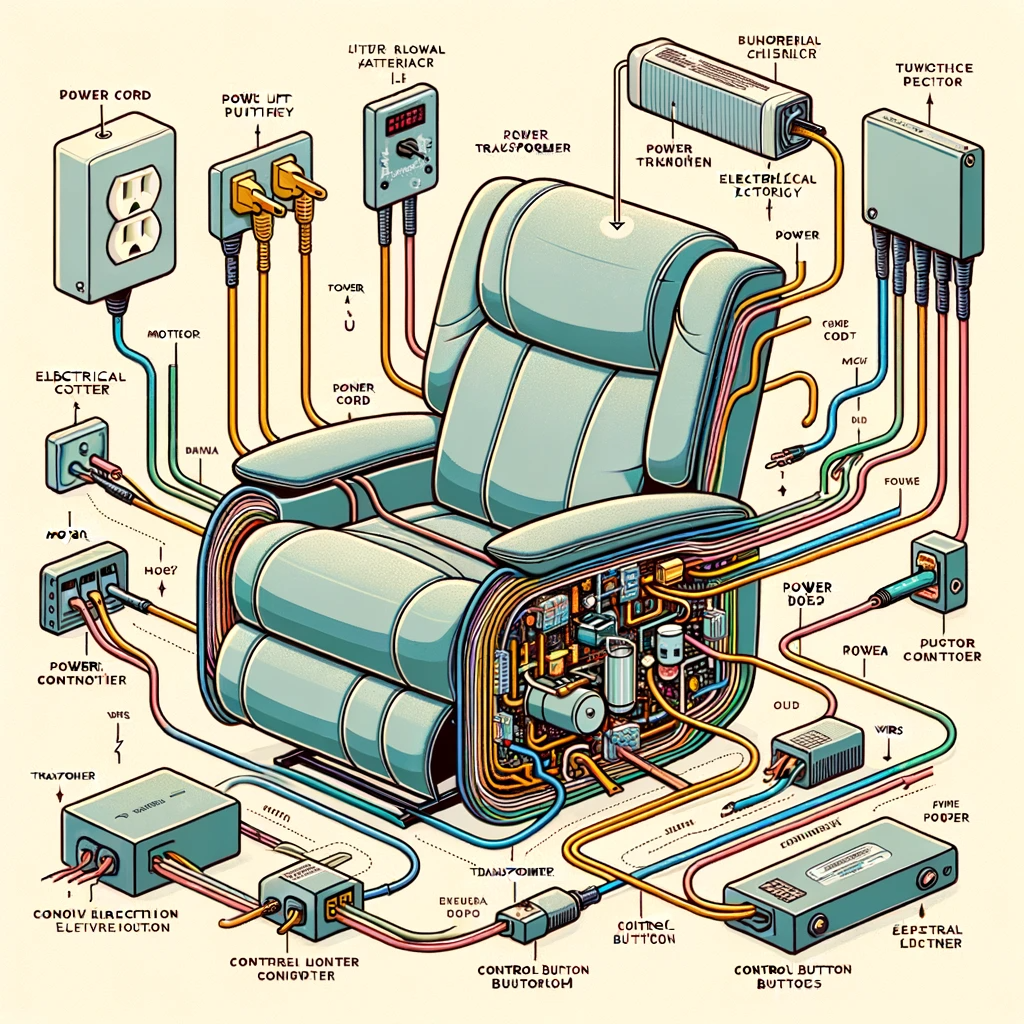Diagram showcasing the electrical pathway in a power lift recliner. It starts from the power outlet, leading to the power cord, which connects to the transformer. From the transformer, wires distribute electricity to the motor, control buttons, and other electrical components. Each pathway is highlighted with arrows and labelled appropriately, and there are annotations detailing each component's function.