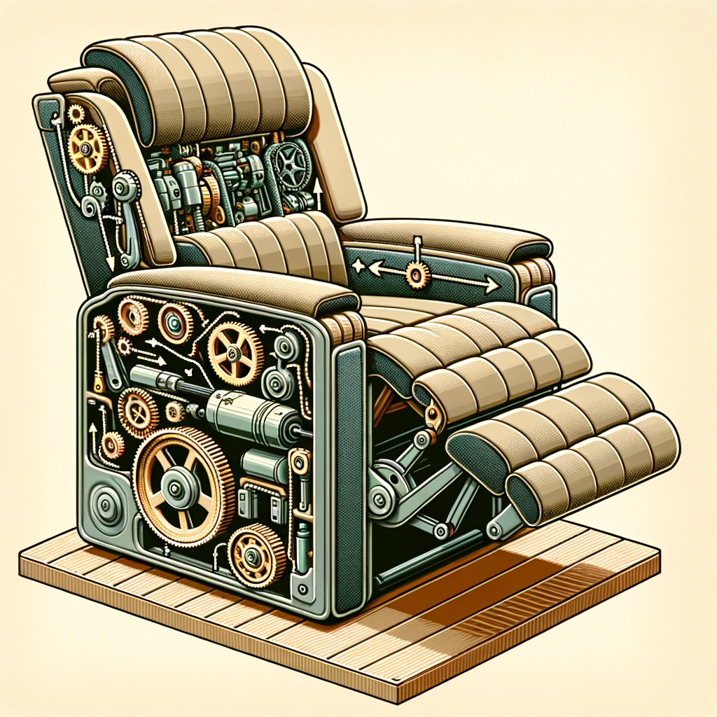 Illustration of a power lift recliner's internal workings. The cutaway view reveals the motor, connected to a series of gears and levers. The lifting mechanism is prominently displayed, with arrows indicating its movement. The reclining mechanism is also detailed, showing how each part interacts to provide smooth reclining action.