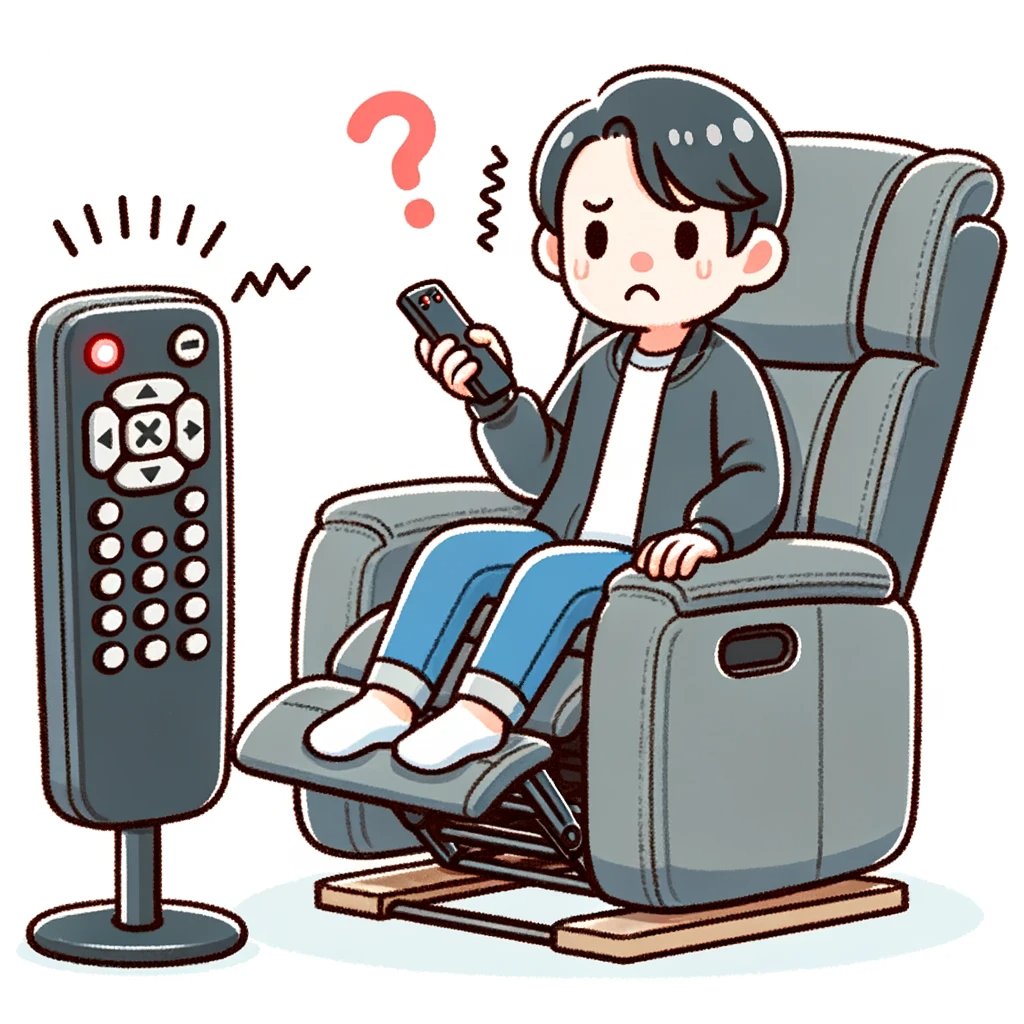 Illustration of a person sitting in a power recliner, trying to adjust the position with a remote. The person looks puzzled as the chair doesn't move. The remote's LED is blinking, indicating an issue.